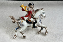 Load image into Gallery viewer, Vintage Early 1900's Silver Hand-Painted Enamel Trumpeter Soldier Horse Pin Brooch
