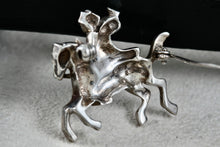 Load image into Gallery viewer, Vintage Early 1900's Silver Hand-Painted Enamel Trumpeter Soldier Horse Pin Brooch