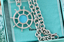 Load image into Gallery viewer, Tiffany & Co. Vintage Sterling Silver Ship Steering Wheel Turquoise Pendant 16" Chain Necklace
