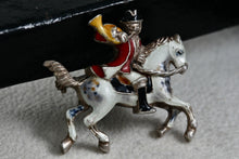 Load image into Gallery viewer, Vintage Early 1900's Silver Hand-Painted Enamel Trumpeter Soldier Horse Pin Brooch