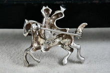 Load image into Gallery viewer, Vintage Early 1900's Silver Hand-Painted Enamel Trumpeter Soldier Horse Pin Brooch