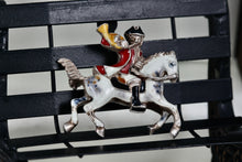 Load image into Gallery viewer, Vintage Early 1900's Silver Hand-Painted Enamel Trumpeter Soldier Horse Pin Brooch