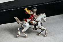 Load image into Gallery viewer, Vintage Early 1900's Silver Hand-Painted Enamel Trumpeter Soldier Horse Pin Brooch