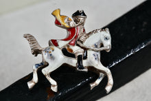 Load image into Gallery viewer, Vintage Early 1900's Silver Hand-Painted Enamel Trumpeter Soldier Horse Pin Brooch