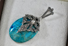 Load image into Gallery viewer, Costume Large Blue Oval Turquoise Rhinestone Silver-Tone 2.5" Slider Pendant