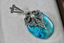 Load image into Gallery viewer, Costume Large Blue Oval Turquoise Rhinestone Silver-Tone 2.5" Slider Pendant