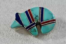 Load image into Gallery viewer, Native American Jamison Kee Navajo Turquoise Lapis Coral Running Bear Brooch Pin