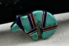 Load image into Gallery viewer, Native American Jamison Kee Navajo Turquoise Lapis Coral Running Bear Brooch Pin