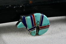 Load image into Gallery viewer, Native American Jamison Kee Navajo Turquoise Lapis Coral Running Bear Brooch Pin