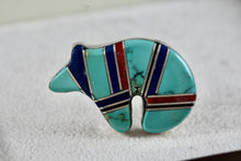 Load image into Gallery viewer, Native American Jamison Kee Navajo Turquoise Lapis Coral Running Bear Brooch Pin
