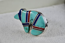 Load image into Gallery viewer, Native American Jamison Kee Navajo Turquoise Lapis Coral Running Bear Brooch Pin