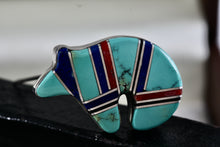 Load image into Gallery viewer, Native American Jamison Kee Navajo Turquoise Lapis Coral Running Bear Brooch Pin