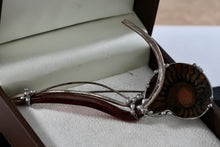 Load image into Gallery viewer, Sterling Silver Pewter Ammonite Fossil Shell Fibonacci Amber Glass Handmade Brooch Pin