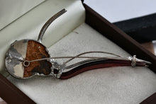 Load image into Gallery viewer, Sterling Silver Pewter Ammonite Fossil Shell Fibonacci Amber Glass Handmade Brooch Pin