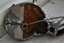 Load image into Gallery viewer, Sterling Silver Pewter Ammonite Fossil Shell Fibonacci Amber Glass Handmade Brooch Pin