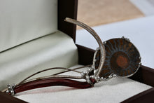 Load image into Gallery viewer, Sterling Silver Pewter Ammonite Fossil Shell Fibonacci Amber Glass Handmade Brooch Pin