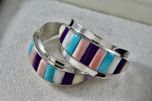 Load image into Gallery viewer, Native American Sterling Silver Handmade Multi Gemstone Inlay Hoop Earrings