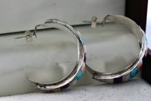 Load image into Gallery viewer, Native American Sterling Silver Handmade Multi Gemstone Inlay Hoop Earrings