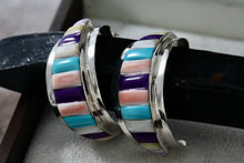 Load image into Gallery viewer, Native American Sterling Silver Handmade Multi Gemstone Inlay Hoop Earrings