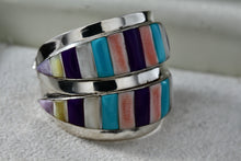 Load image into Gallery viewer, Native American Sterling Silver Handmade Multi Gemstone Inlay Hoop Earrings