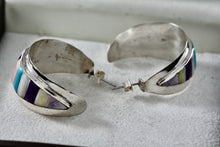 Load image into Gallery viewer, Native American Sterling Silver Handmade Multi Gemstone Inlay Hoop Earrings