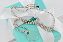 Load image into Gallery viewer, Return To Tiffany & Co. Silver Large Blue Enamel Heart Charm Beaded Chain 24" Necklace