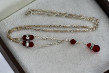 Load image into Gallery viewer, Sterling Silver CZ Diamonds Red Glass Beads Dangle Drop 16" Necklace