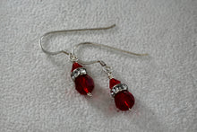 Load image into Gallery viewer, Sterling Silver CZ Diamonds Red Glass Beads Dangle Hook Earrings