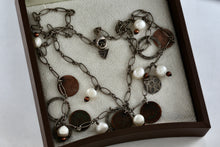 Load image into Gallery viewer, Sterling Silver Copper Hammered Dangle Circles Pearl Choker Collar 18" Necklace