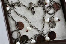 Load image into Gallery viewer, Sterling Silver Copper Hammered Dangle Circles Pearl Choker Collar 18" Necklace