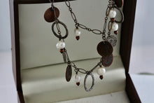 Load image into Gallery viewer, Sterling Silver Copper Hammered Dangle Circles Pearl Choker Collar 18" Necklace