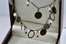 Load image into Gallery viewer, Sterling Silver Copper Hammered Dangle Circles Pearl Choker Collar 18" Necklace