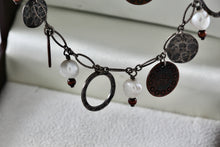 Load image into Gallery viewer, Sterling Silver Copper Hammered Dangle Circles Pearl Choker Collar 18" Necklace