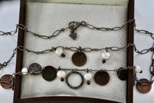 Load image into Gallery viewer, Sterling Silver Copper Hammered Dangle Circles Pearl Choker Collar 18" Necklace