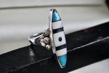 Load image into Gallery viewer, Native American Zuni Elongated Oval Turquoise Pearl Onyx Inlay Ring Size 6.5