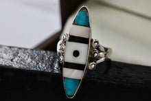 Load image into Gallery viewer, Native American Zuni Elongated Oval Turquoise Pearl Onyx Inlay Ring Size 6.5
