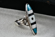 Load image into Gallery viewer, Native American Zuni Elongated Oval Turquoise Pearl Onyx Inlay Ring Size 6.5