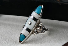 Load image into Gallery viewer, Native American Zuni Elongated Oval Turquoise Pearl Onyx Inlay Ring Size 6.5