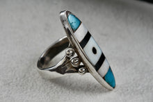 Load image into Gallery viewer, Native American Zuni Elongated Oval Turquoise Pearl Onyx Inlay Ring Size 6.5