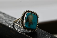 Load image into Gallery viewer, Native American Silver Square Diamond Turquoise Polished Stone Handmade Ring Size 6.5