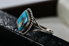 Load image into Gallery viewer, Native American Silver Square Diamond Turquoise Polished Stone Handmade Ring Size 6.5