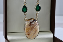 Load image into Gallery viewer, Silver Handmade Large Polished Oval Chalcedony Agate Stone Green Emeralds 20" Necklace