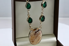 Load image into Gallery viewer, Silver Handmade Large Polished Oval Chalcedony Agate Stone Green Emeralds 20" Necklace