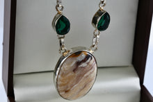 Load image into Gallery viewer, Silver Handmade Large Polished Oval Chalcedony Agate Stone Green Emeralds 20" Necklace