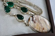 Load image into Gallery viewer, Silver Handmade Large Polished Oval Chalcedony Agate Stone Green Emeralds 20" Necklace