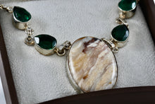 Load image into Gallery viewer, Silver Handmade Large Polished Oval Chalcedony Agate Stone Green Emeralds 20" Necklace