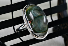 Load image into Gallery viewer, Sterling Silver Art Deco Large Oval Acrylic Ocean Wave Ring Dome Glass Ring Size 9