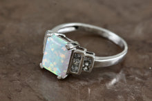 Load image into Gallery viewer, Sterling Silver Emerald Cushion Cut Opal CZ Diamonds Ring Size 7