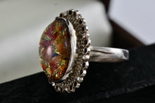 Load image into Gallery viewer, Mexico MFG Art Deco Silver Glass Acrylic Gold Flakes Oval Dome Hand Made Ring Size 5