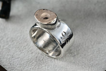 Load image into Gallery viewer, Signed Silver & 14K Gold Hammered Signet Floral Etched Wide Band Ring Size 7